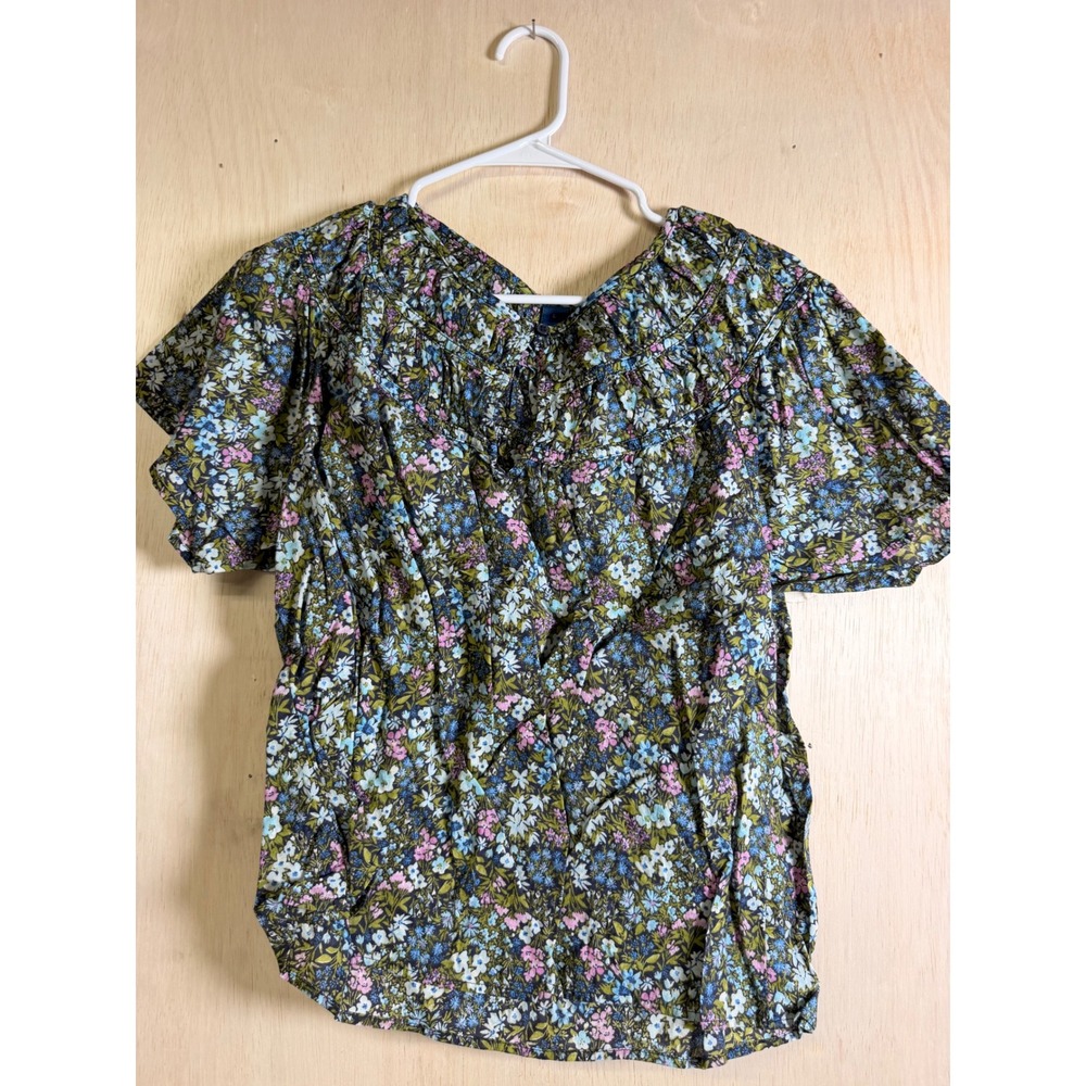 Old Navy Floral Blouse Womens Large Blue Pink Excellent Boho Pintuck Top